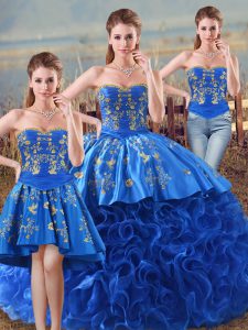 Elegant Royal Blue Ball Gowns Fabric With Rolling Flowers Sweetheart Sleeveless Embroidery and Ruffles Floor Length Lace Up Sweet 16 Dress
