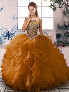Brown Sleeveless Beading and Ruffles Floor Length Quinceanera Gowns