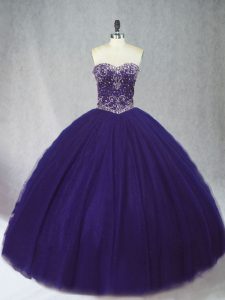 Purple Ball Gowns Tulle Sweetheart Sleeveless Beading Floor Length Lace Up Quinceanera Gown