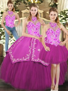 Floor Length Three Pieces Sleeveless Fuchsia Ball Gown Prom Dress Lace Up