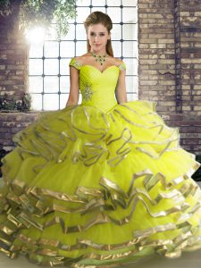 Yellow Green Ball Gowns Off The Shoulder Sleeveless Tulle Floor Length Lace Up Beading and Ruffled Layers Quinceanera Gowns