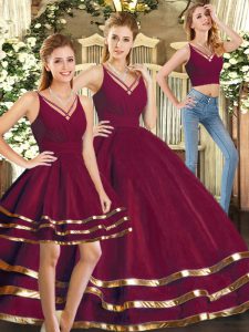 Sleeveless Tulle Floor Length Backless Ball Gown Prom Dress in Burgundy with Ruffled Layers
