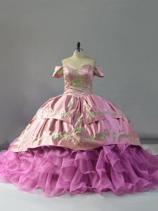 Fancy Sleeveless Organza Chapel Train Lace Up Sweet 16 Quinceanera Dress in Lilac with Embroidery and Ruffles