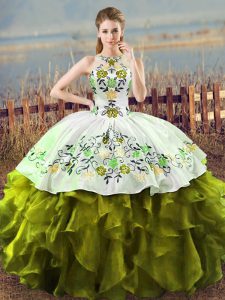 Organza Halter Top Sleeveless Lace Up Embroidery and Ruffles 15 Quinceanera Dress in Olive Green