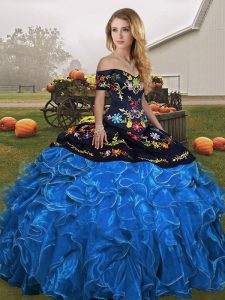 Blue And Black Sleeveless Embroidery and Ruffles Floor Length Quinceanera Gown