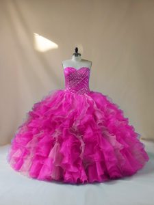 Fuchsia Sleeveless Floor Length Beading and Ruffles Lace Up Quince Ball Gowns