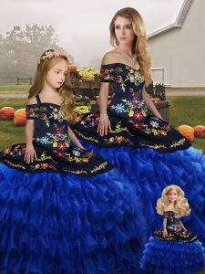 Floor Length Lace Up Vestidos de Quinceanera Blue And Black for Military Ball and Sweet 16 and Quinceanera with Embroidery and Ruffled Layers