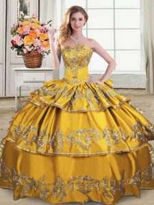 Gold Satin and Organza Lace Up Ball Gown Prom Dress Sleeveless Floor Length Embroidery and Ruffled Layers