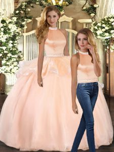 Fine Peach Backless Ball Gown Prom Dress Beading Sleeveless Floor Length
