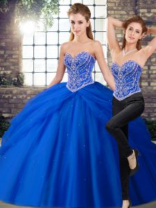 Cute Royal Blue Sleeveless Tulle Brush Train Lace Up 15 Quinceanera Dress for Military Ball and Sweet 16 and Quinceanera