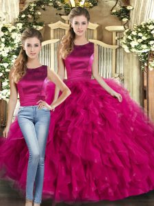 Vintage Fuchsia Two Pieces Ruffles Quinceanera Dresses Lace Up Tulle Sleeveless Floor Length