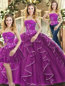 Floor Length Lace Up 15 Quinceanera Dress Purple for Sweet 16 and Quinceanera with Beading and Ruffles