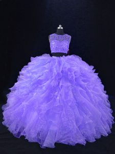 Chic Floor Length Lavender Quinceanera Dresses Organza Sleeveless Beading and Ruffles