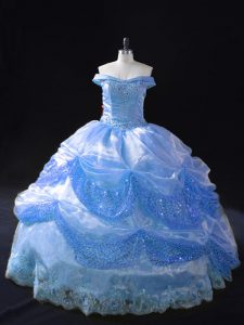 Top Selling Light Blue Lace Up Off The Shoulder Beading and Appliques Sweet 16 Dresses Organza Sleeveless