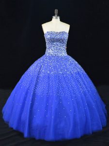 Suitable Royal Blue Lace Up Quinceanera Dresses Beading Sleeveless Floor Length