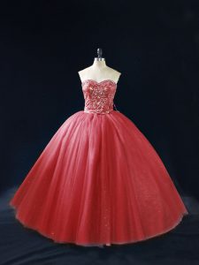 Custom Fit Red Lace Up Quinceanera Dress Beading Sleeveless