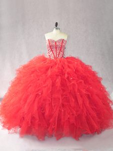 Comfortable Ball Gowns Quinceanera Gown Red Sweetheart Tulle Sleeveless Floor Length Lace Up
