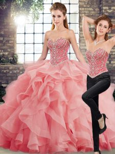 Watermelon Red Tulle Lace Up Sweetheart Sleeveless 15 Quinceanera Dress Brush Train Beading and Ruffles