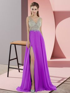 Chiffon V-neck Sleeveless Sweep Train Zipper Beading Prom Dress in Lavender