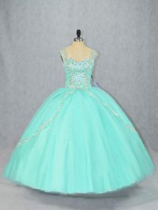 Apple Green Lace Up Straps Beading Quinceanera Gowns Tulle Cap Sleeves Brush Train