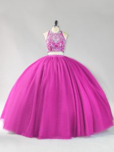 Fuchsia Ball Gowns Halter Top Sleeveless Tulle Floor Length Backless Beading Quince Ball Gowns