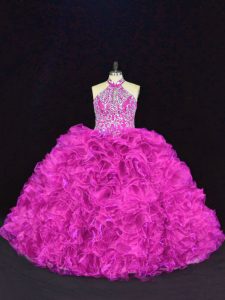 Ball Gowns Quinceanera Gown Fuchsia Halter Top Organza Sleeveless Floor Length Lace Up