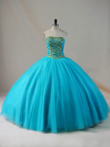 Floor Length Blue Quince Ball Gowns Tulle Sleeveless Beading