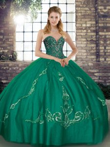 Dynamic Sleeveless Tulle Floor Length Lace Up Vestidos de Quinceanera in Turquoise with Beading and Embroidery