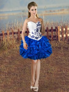 Charming Blue And White Organza Lace Up Prom Dresses Sleeveless Mini Length Embroidery and Ruffles