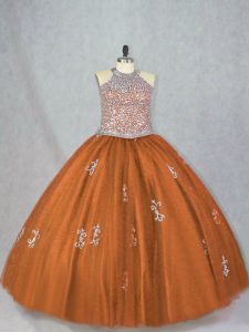 Stunning Halter Top Sleeveless Lace Up Quinceanera Dress Brown Tulle