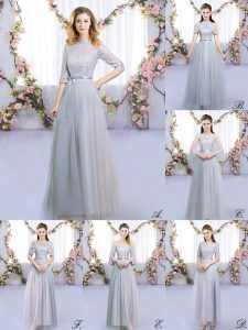 Grey Tulle Zipper High-neck Half Sleeves Floor Length Quinceanera Court Dresses Lace and Belt