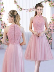 Fantastic Pink High-neck Zipper Lace Court Dresses for Sweet 16 Sleeveless