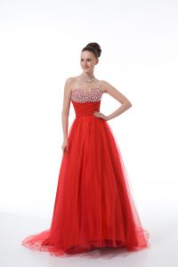 Best Selling Red Tulle Zipper Sweetheart Sleeveless Evening Dresses Beading