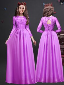 Floor Length Lilac Quinceanera Court Dresses Scoop Long Sleeves Lace Up