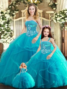 Aqua Blue Sleeveless Beading and Ruffles Floor Length Vestidos de Quinceanera