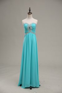 New Style Floor Length Aqua Blue Prom Dress Chiffon Sleeveless Beading and Ruching