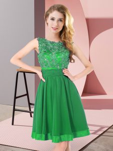 Sleeveless Chiffon Mini Length Backless Dama Dress in Green with Beading and Appliques