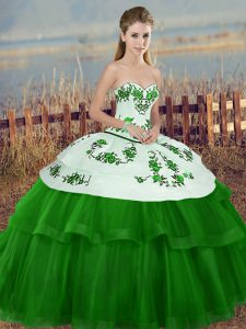 Graceful Sweetheart Sleeveless Ball Gown Prom Dress Floor Length Embroidery and Bowknot Green Tulle