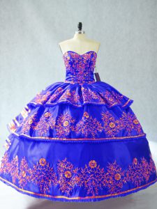 Blue Lace Up Quinceanera Gown Embroidery and Ruffles Sleeveless Floor Length