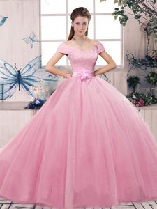 Luxurious Rose Pink Off The Shoulder Neckline Lace and Hand Made Flower Sweet 16 Dress Short Sleeves Lace Up