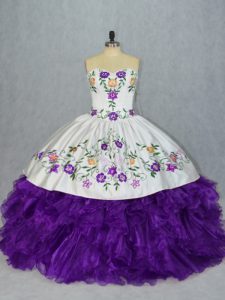 Perfect Sweetheart Sleeveless Quinceanera Gown Floor Length Embroidery and Ruffles White And Purple Organza