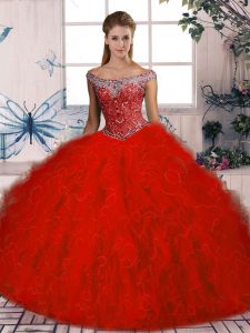 Traditional Red Sweet 16 Dresses Sweet 16 and Quinceanera with Beading and Ruffles Off The Shoulder Sleeveless Brush Train Lace Up