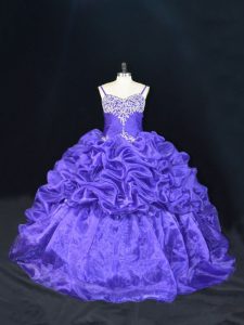 Custom Designed Beading and Pick Ups Quinceanera Gowns Purple Lace Up Sleeveless Brush Train