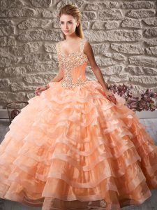 Unique Orange Ball Gown Prom Dress Straps Sleeveless Court Train Lace Up