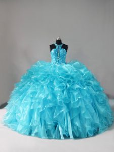 Suitable Halter Top Sleeveless 15th Birthday Dress Brush Train Beading and Ruffles Aqua Blue Organza
