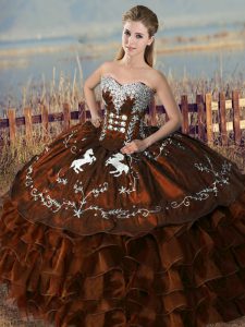 New Style Brown Satin and Organza Lace Up Sweetheart Sleeveless Floor Length Sweet 16 Quinceanera Dress Embroidery and Ruffles