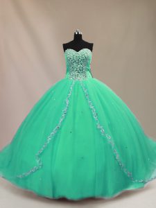 Noble Turquoise 15th Birthday Dress Tulle Court Train Sleeveless Beading