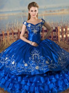 Simple Royal Blue Satin and Organza Lace Up Sweet 16 Quinceanera Dress Sleeveless Floor Length Embroidery and Ruffled Layers