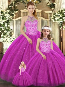 Pretty Fuchsia Tulle Lace Up Halter Top Sleeveless Floor Length Quinceanera Gown Beading