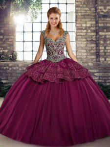 Unique Fuchsia Sleeveless Beading and Appliques Floor Length Ball Gown Prom Dress